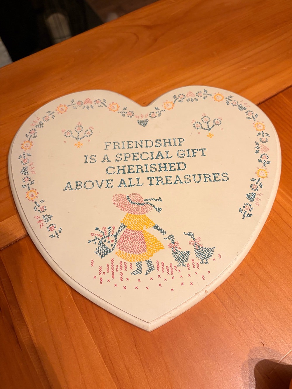 Vintage Russ Berrie Friendship Heart Wall Plaque #9479Wooden Floral Cross Stitch